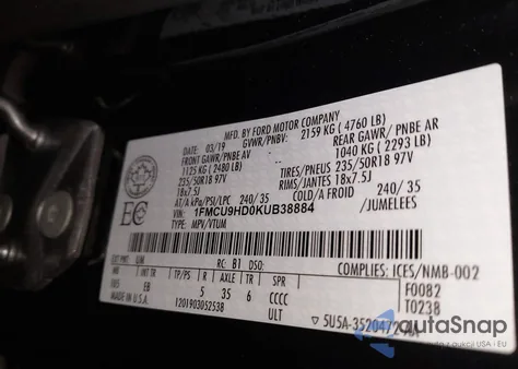 2019 Ford Escape Sel z USA, uszkodzony, nr VIN 1FMCU9HD0KUB38884